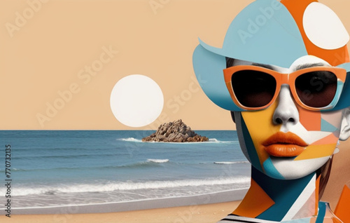 Abstract collage art composition of woman portrait and summer vacation elements, wallpaper modern art.