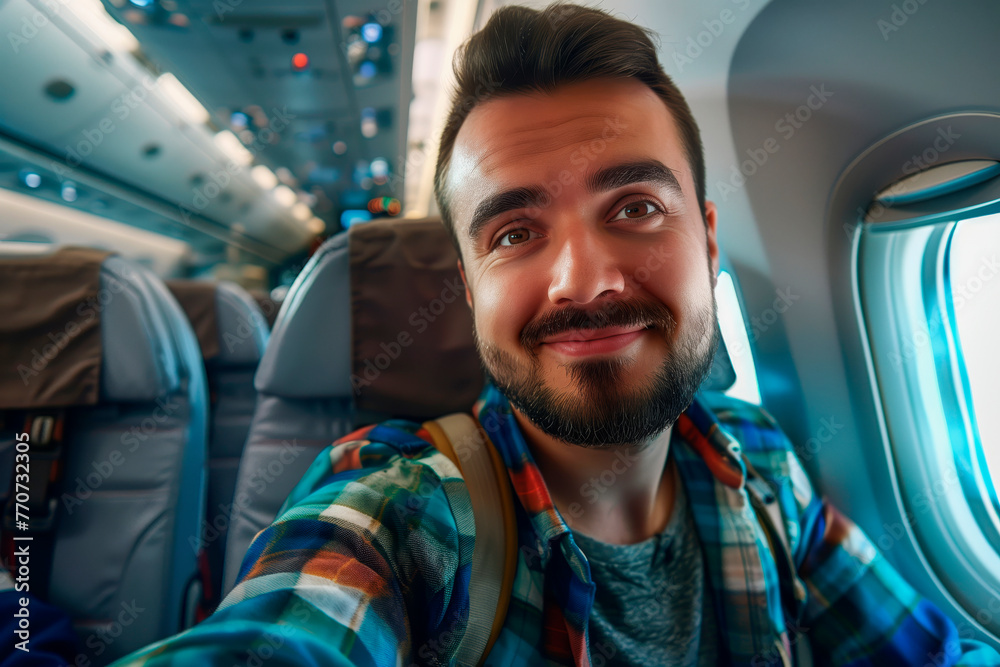handsome male tourist takes a selfie on board the plane.