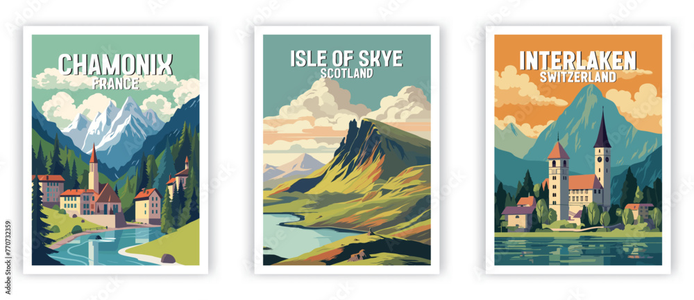 Chamonix, Isle of Skye, Interlaken Illustration Art. Travel Poster Wall Art. Minimalist Vector art