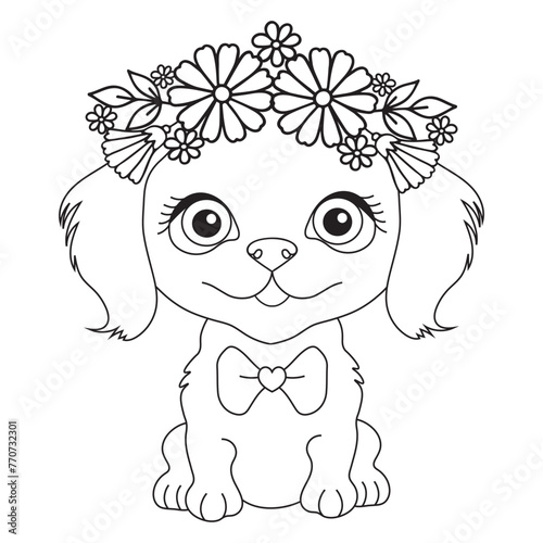 Cute puppy in a wreath flower,  Freehand sketch with pet. Linear flat vector illustration.  Black white contour simple sketch of decorative dog.  Coloring page with Animal 