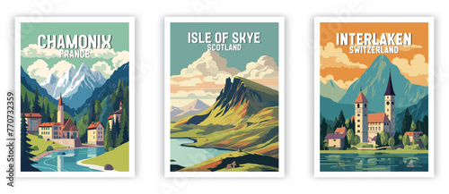Chamonix, Isle of Skye, Interlaken Illustration Art. Travel Poster Wall Art. Minimalist Vector art