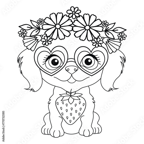 Puppy with glasses in a wreath flower,  Freehand sketch with pet. Linear flat vector illustration.  Black white contour simple sketch of decorative dog
