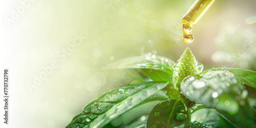 Essential Squalane Oil Dropper on Lush Peppermint Leaves with Dewdrops and Sun Flare
