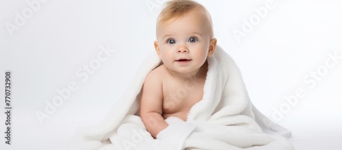 A happy toddler wrapped in a white blanket  smiling at the camera with a thumb in their mouth. The gesture exudes comfort and innocence