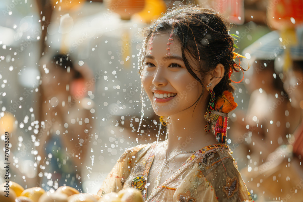 Joyful Celebration: Young Woman Smiling Amidst Sparkling Water Splashes During Traditional Festival Joyful Celebration: Young Woman Smiling Amidst Sparkling Water Splashes During Traditional Festival