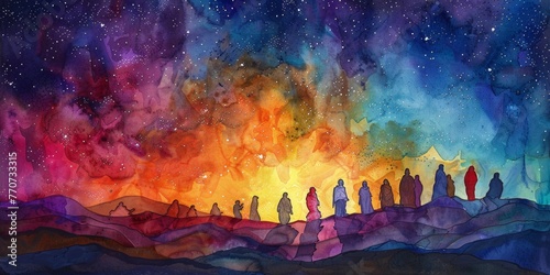 Vivid Watercolor Painting of People Journeying Under a Cosmic Sky, Abstract Exploration Theme