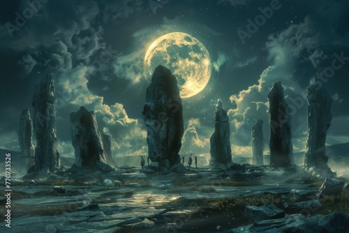 Moonlit Reverie,The Ancient Druid Circle Aligned Under the Full Moon, Where Nature Spirits are Summoned Amidst Towering Stones