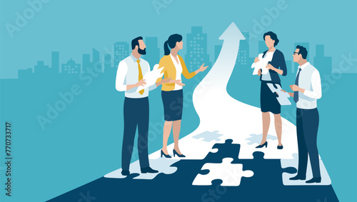 Build a way to success. The team puts together the puzzle of rising arrow. A team holds a puzzle pieces. Vector illustration.