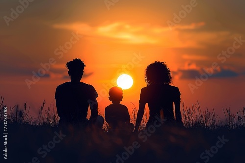 A family of three sits on a grassy hillside, watching the sun set