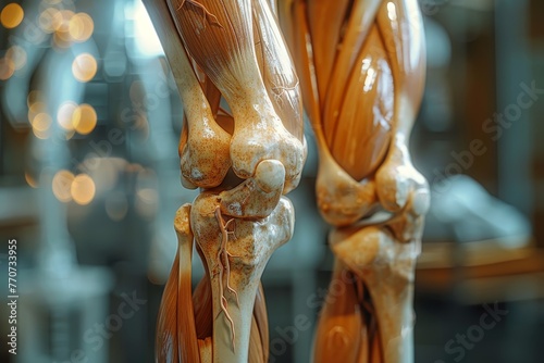  3D Illustration : Human knee joint anatomy on scientific background.