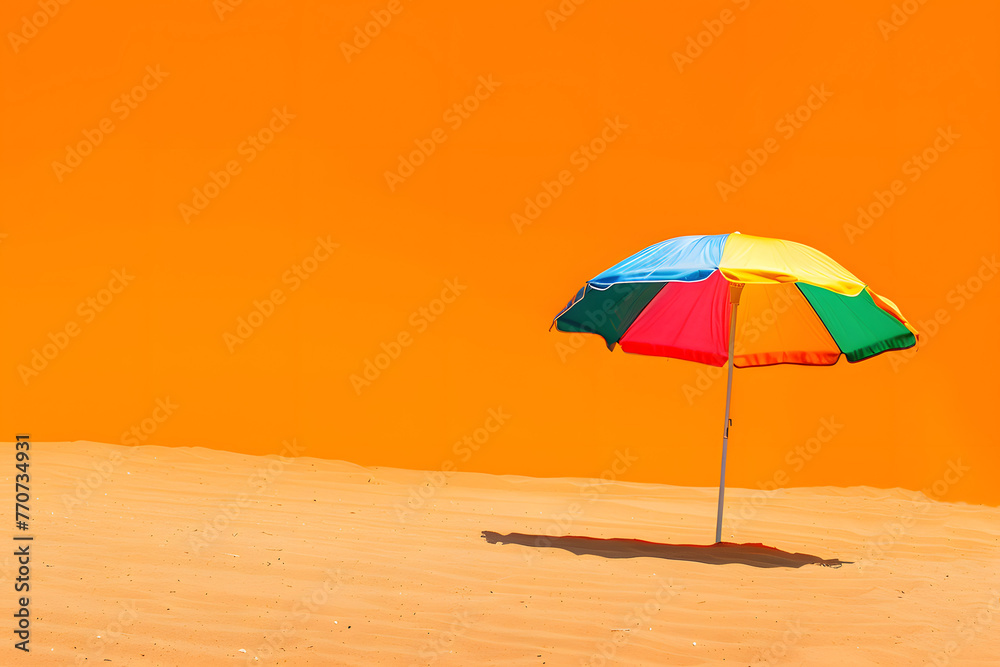 Colorful beach umbrella, isolated on a sunny shore orange background, providing shade on a hot summer day
