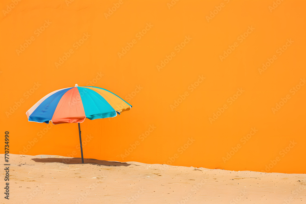 Colorful beach umbrella, isolated on a sunny shore orange background, providing shade on a hot summer day