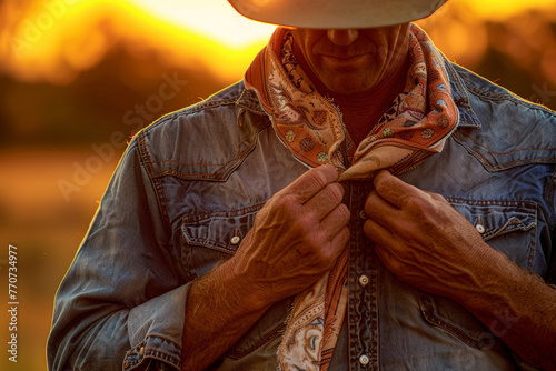 Cowboy adjusting bandana against a golden sunset backdrop, embodying the essence of rural life