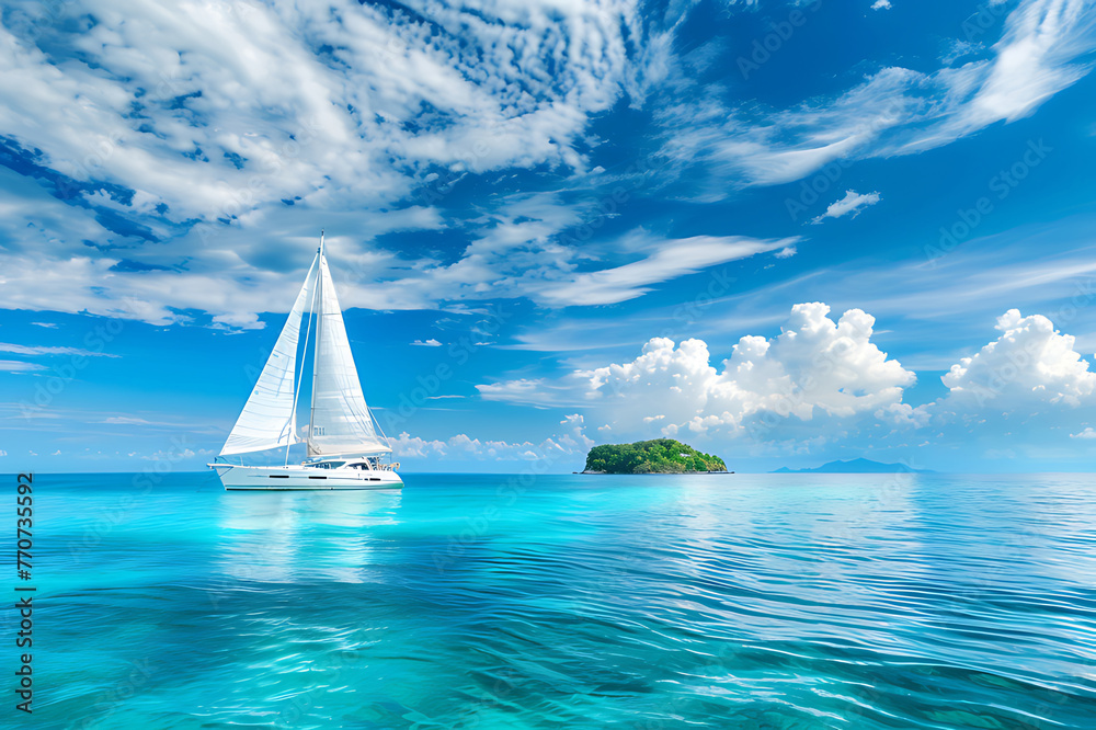 Yacht in turquoise ocean water against blue sky with white clouds and tropical island. Natural landscape for summer vacation