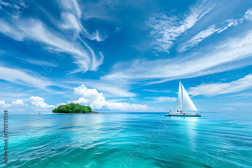 Yacht in turquoise ocean water against blue sky with white clouds and tropical island. Natural landscape for summer vacation