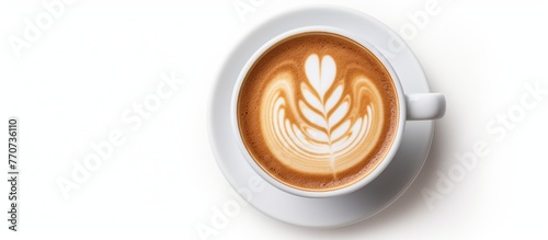 A beautifully crafted cappuccino with intricate latte art served on a saucer, set against a crisp white background. Perfect for coffee enthusiasts seeking a delightful taste experience