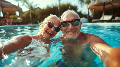 Senior Couple Smiling Underwater in Swimming Pool