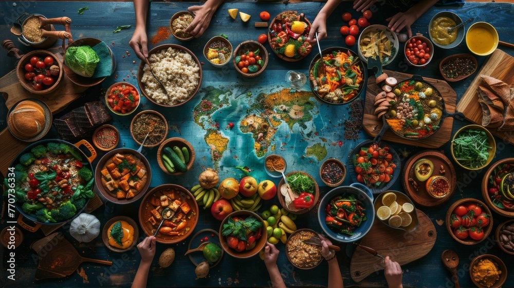 Delicious feast spread out a culinary journey from around the world