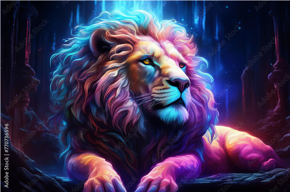 Cosmic neon lion. AI