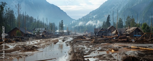 Mudslide aftermath in a mountain village natures reshaping