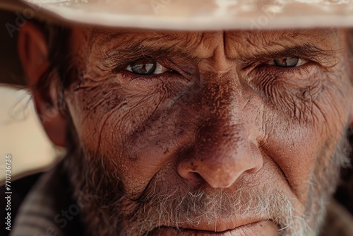Close-up portrait of a rugged man with a weathered face against prairie backdrop © gankevstock