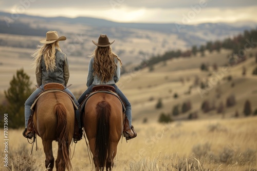 Two women on horseback enjoying a serene ride in rolling hills at sunset © gankevstock
