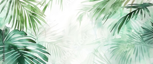 Abstract background with palm leaves in the style of watercolor and ink. Greenery on a white paper texture, green palm leaves on a light gray backdrop. A design for a wallpaper or wall mural print. © Sabina Gahramanova