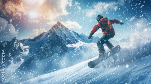 A young guy in sportswear shows his skills by sliding through the snow on a snowboard. Winter sport and hobby concept full of action and movement. Snowy mountains background. #770737507