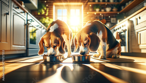 Two beagles eating in sunny kitchen setting