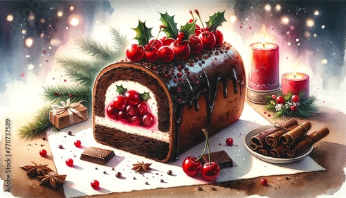 Watercolor Painting of Cherry-and-Chocolate Bûche de Noël