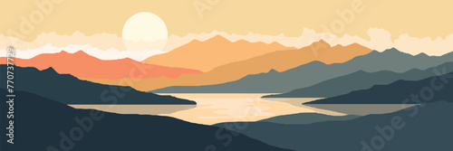 Mountain lake at sunrise, morning light and sun, scenic reflection, vector illustration 