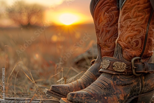 Rustic cowboy boots against the glorious setting sun in the countryside photo