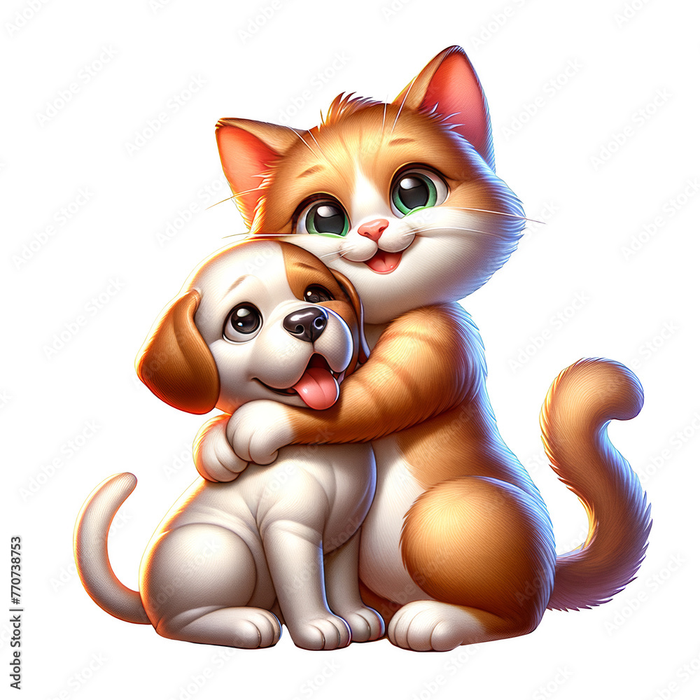 Obraz premium Cat hugging a dog. Best friends. Isolated on transparent background, png. Wonder and joy theme. Cartoon illustration.