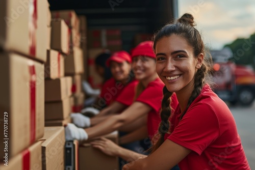 Volunteers work at a charity foundation, a refugee assistance center. A group of happy people unload cardboard boxes and donation boxes from the car for distribution to those in need. photo