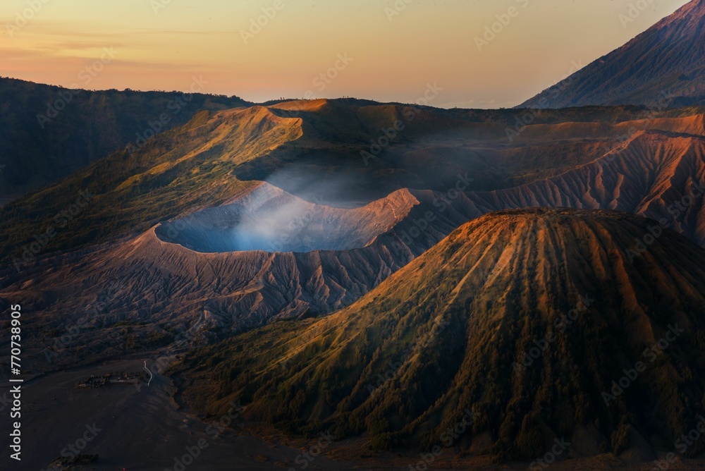 Aerial view of Bromo Volcano in Indonesia during sunrise.