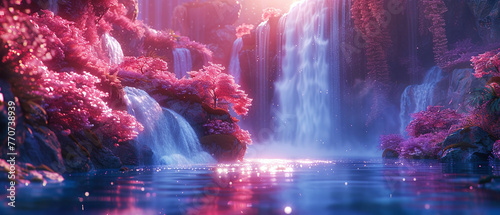 A fantasy scene of a neon waterfall in a vibrant, surreal landscape, close up, symbolizing waters grace © INsprThDesign