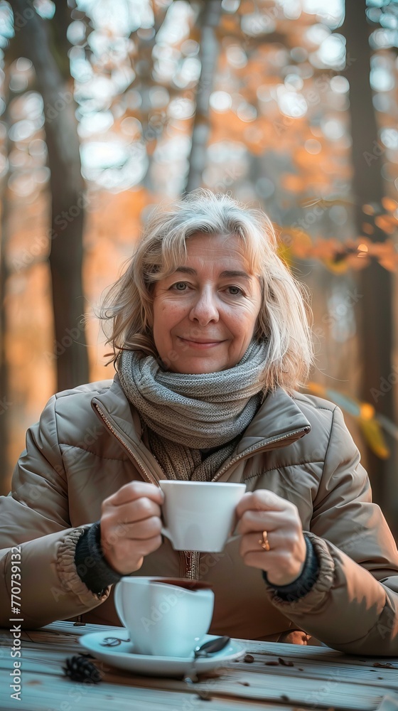 Beautiful Senior Woman Enjoying Autumn Outdoors Coffee Beautiful Senior Woman Enjoying Autumn Outdoors Coffee