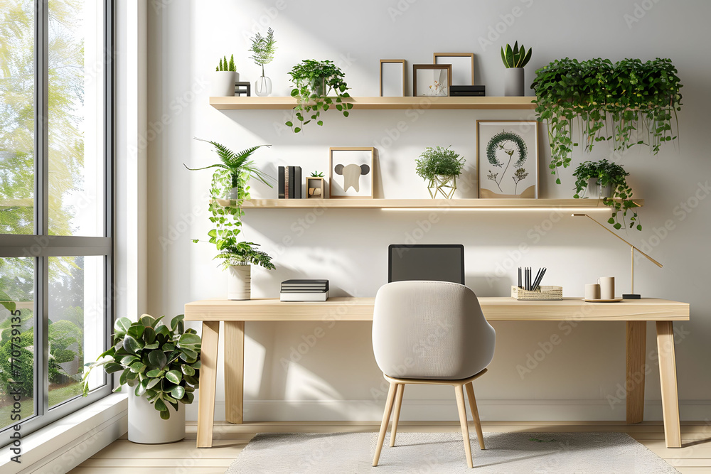 Fototapeta premium A modern home office with a minimalist desk, chair and floating shelves made of light wood against white walls, a large window showing greenery outside with clean lines and natural lighting.