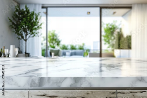 Sleek Kitchen with Marble Countertop and Greenery © kilimanjaro 