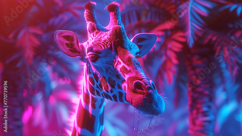 A giraffe in a neon basketball jersey dunking in a dreamy, fantasy forest, vibrant and close up