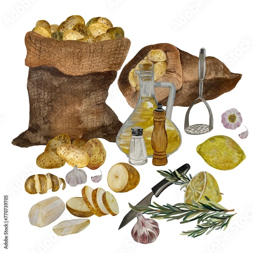 Potato sack rosemary oil garlic watercolor sketch