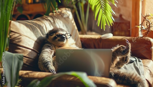 Relaxed Sloth with Sunglasses Using Laptop