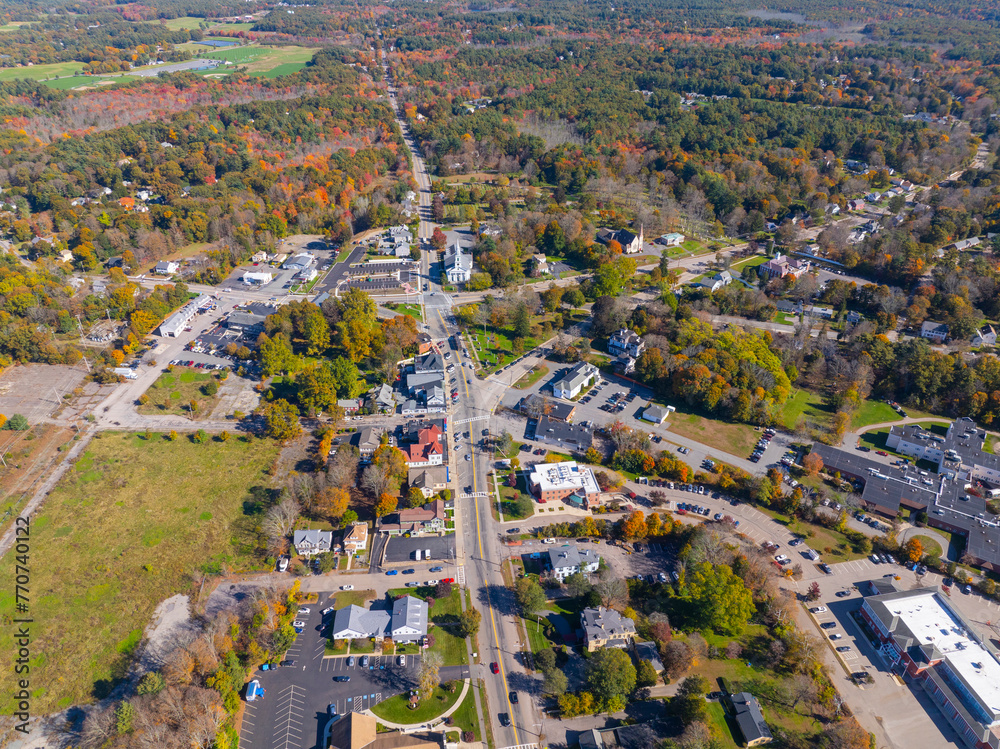 Wrentham historic town center aerial view at Town Common including Congregational Church and Trinity Episcopal Church in town of Wrentham, Massachusetts MA, USA. 