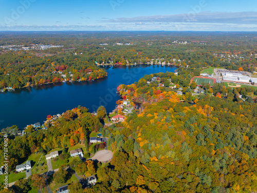 Lake Archer and Lake Pearl aerial view in fall near the historic town center of Wrentham, Massachusetts MA, USA.  photo