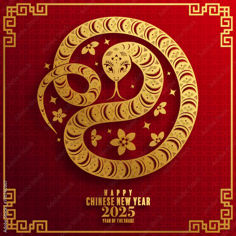Happy chinese new year 2025  Background with snake,
year of the chinese snake zodiac with on color Background. ( Translation : happy new year, chinese snake 2025 )
