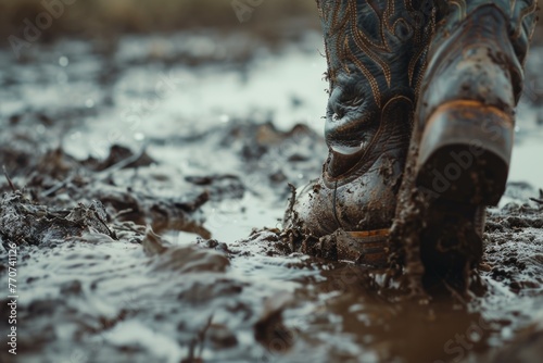 Close-up of muddy boots in a wet, rugged outdoor environment photo