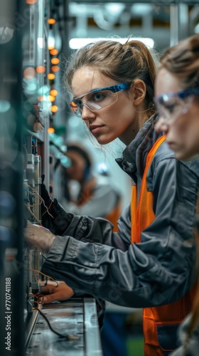 A woman wearing a safety vest and goggles is working on a machine