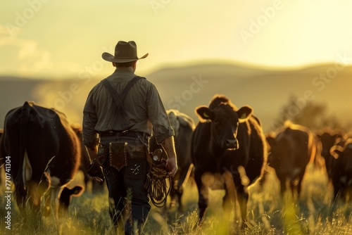 Cowboy leading cattle at sunset in open field photo