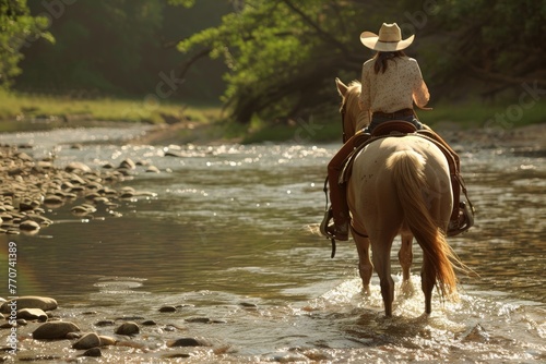 Cowgirl riding a palomino horse across a river in the countryside © gankevstock