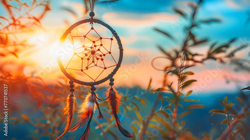 A dream catcher with feathers and a blue background, dreamcatcher hanging against a bright sky backdrop ,Beautiful dream catcher on blue background with lights
